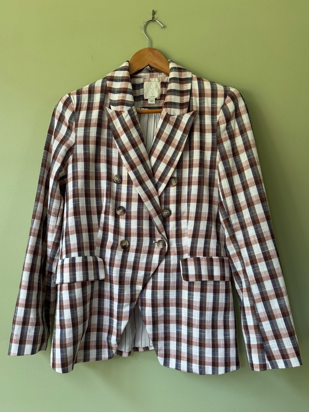 Joie Empire Plaid Double Breasted Check Rose Cream Collared Preppy Blazer Jacket